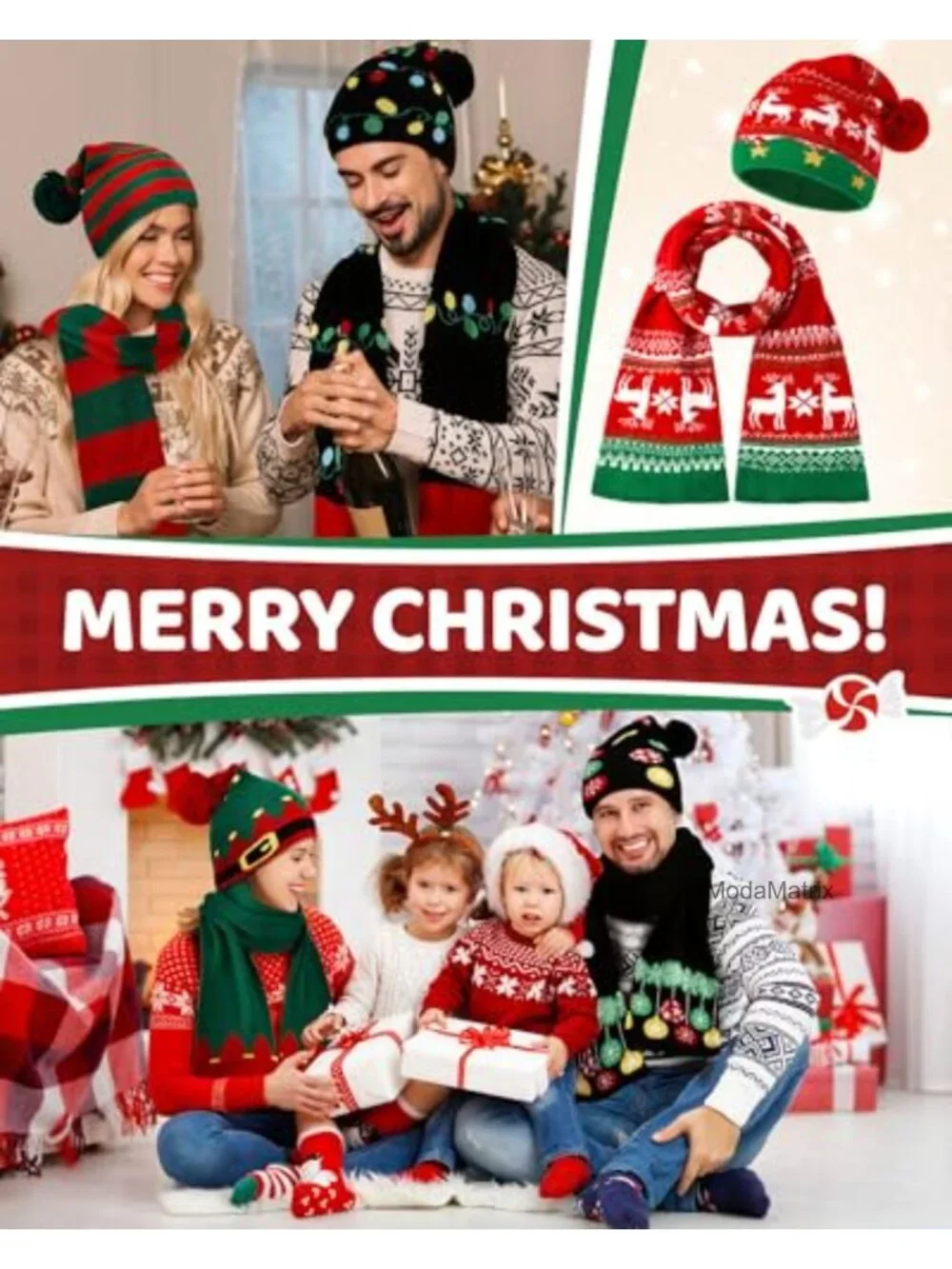 8 Pack Christmas Knitted Hat & Scarf Sets Winter Pom Beanie